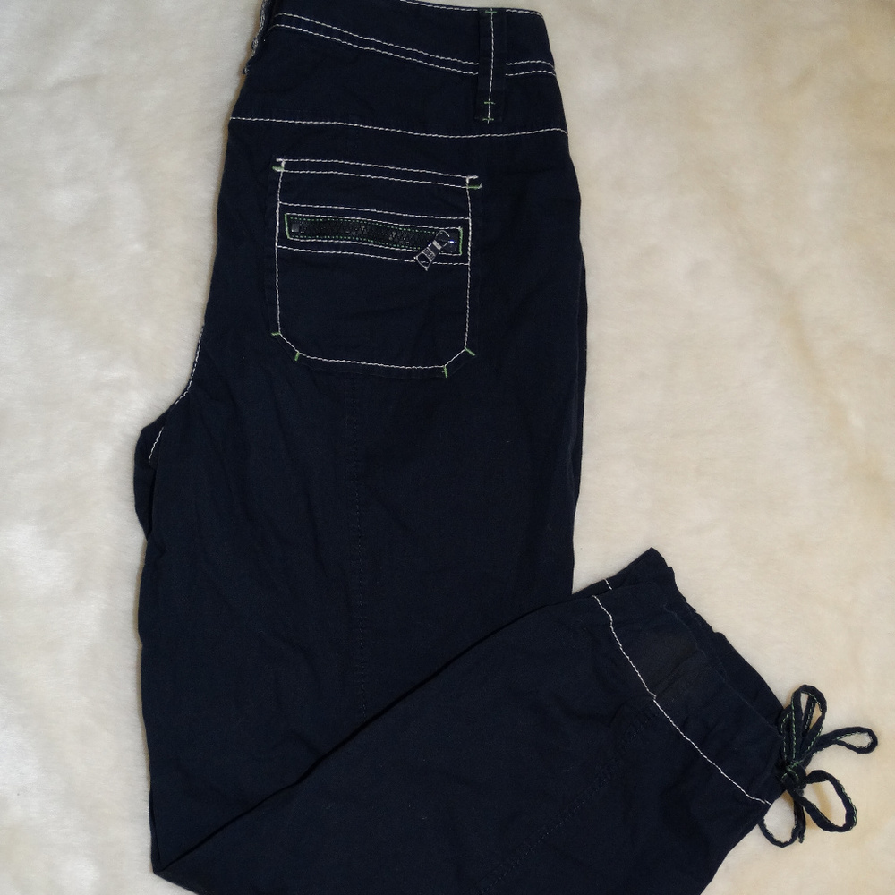 Cropped Navy Blue Pants w/ White & Green Stitching
